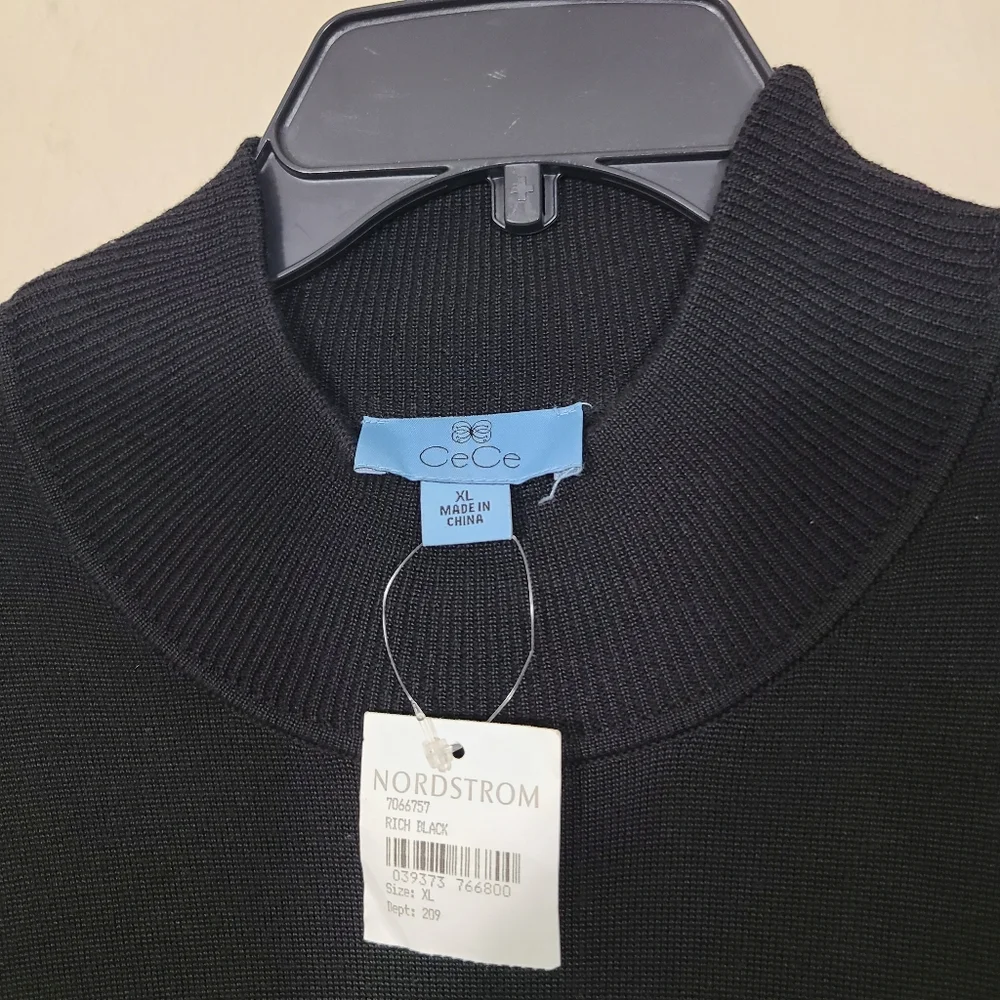 CeCe Womens XL Black Sweater Dress White Pleated Cuffs‎ Mockneck Preppy Casual